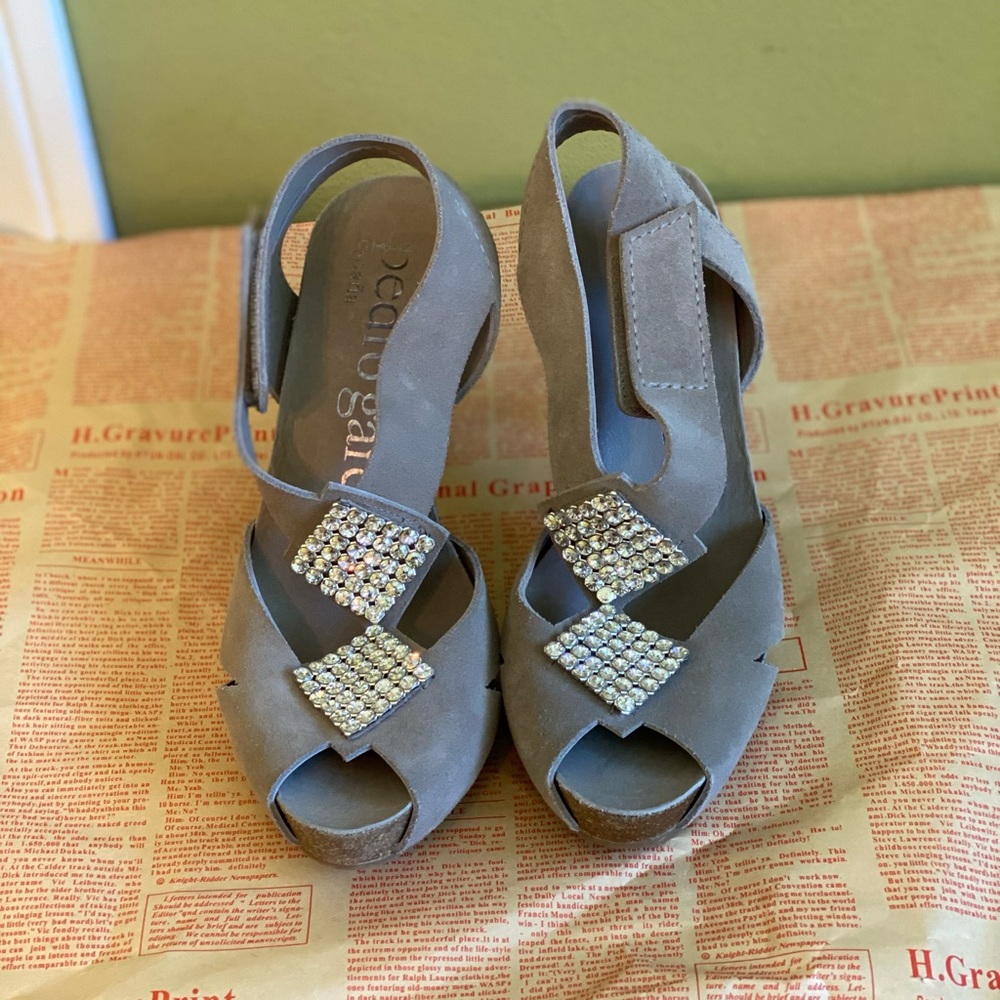 Pedro Garcia Taupe Suede Peep-Toe Wedge Sandals with Crystal Accents